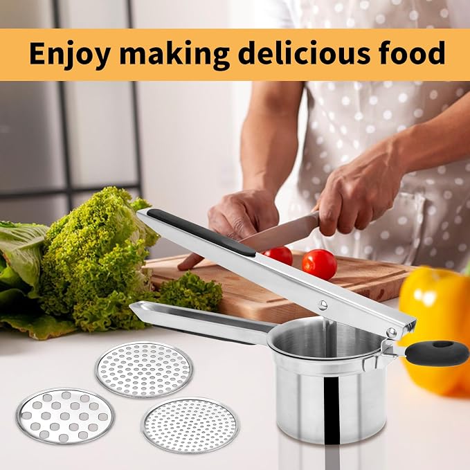 Large 15oz Potato Ricer with 3 Interchangeable Discs, Heavy Duty Stainless Steel Ricers for Mashed Potatoes, Sweet Potato Masher Kitchen Tool with Ergonomic Handle, Spaetzle Maker