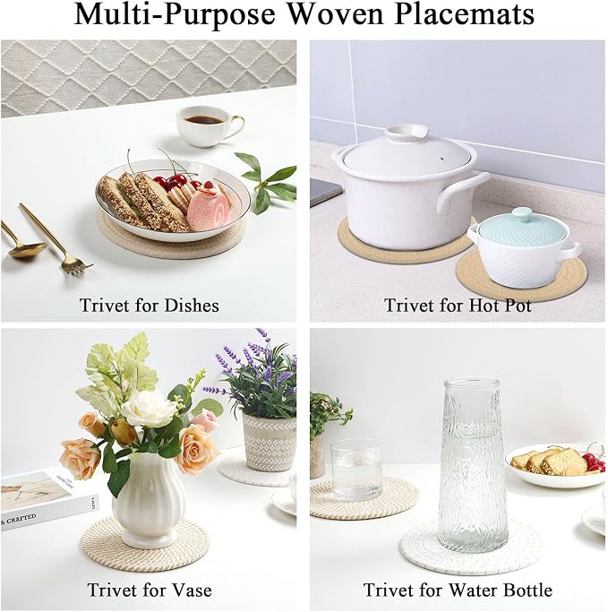 SHACOS 8 Inches Trivets for Hot Dishes, Pot Holders for Hot Pots and Pans, Handmade Cotton Woven Trivets Set, Heat-Resistant Hot Pads Plate Mats for Kitchen Countertops, Table Decor (Khaki, 4pcs)