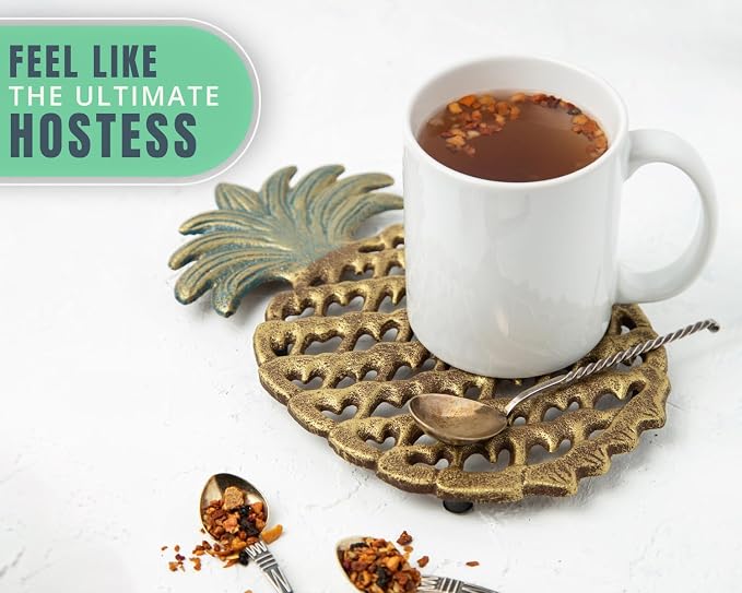Comfify Cast Iron Pineapple Trivet – 5.9"×9" – Rubber Pegs Included | Gold; cast iron; 5.9"L x 9"W x 0.59" thick; rubber peg feet + spare set; tropical vintage; kitchen dining table