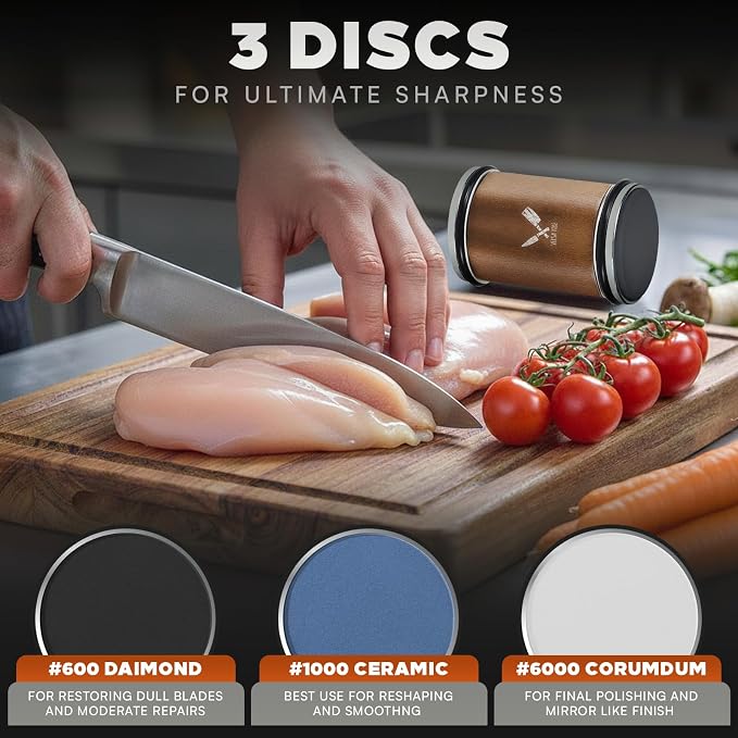 Rolling Knife Sharpener Kit – Cylindrical 360° Even-Edge Sharpening, 4 Angles (15°/17°/20°/22°), 3-Stage 360 Diamond, 1000 Ceramic & 600 Corundum Discs – Professional Kitchen Knife Sharpening System