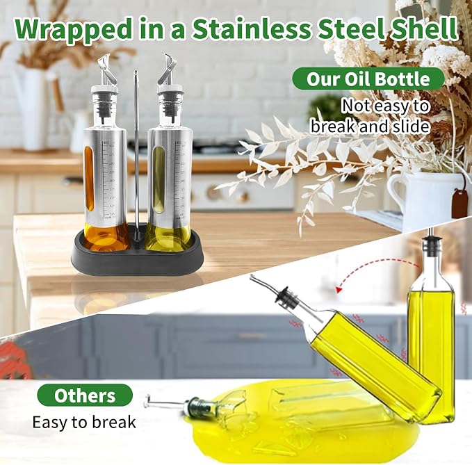 10oz/300 ml Oil and Vinegar Dispenser Set with Tray, 2 Pack Oil Dispenser | Vinegar and Sauce Bottle Wrapped in Stainless Steel Shell with Pourer and Funnel for Kitchen Cooking