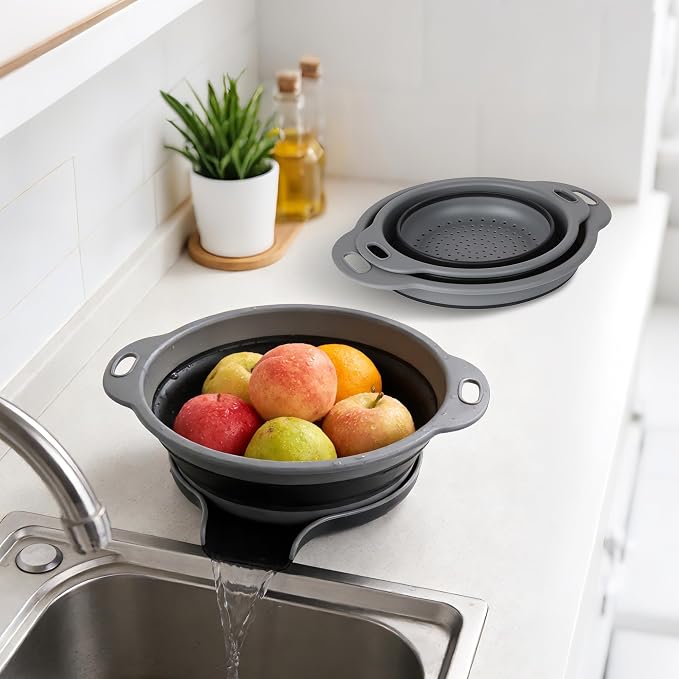 Collapsible Colander Set of 3 with Kitchen Counter Self-draining Base, Round Silicone Food Foldable Strainer for Cooking Pasta, Vegetables and Fruit (3QT, 4QT and 5QT), Black