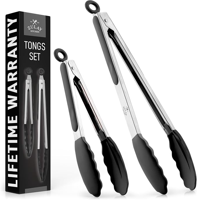 Zulay Premium Set of Stainless Steel Tongs for Cooking, Grilling and Barbecue - 12" Heavy Duty Silicone Tongs with Heat Resistant, Nonstick, Silicone Heads, Best for Non-Scratch Cookware