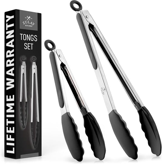 Zulay Premium Set of Stainless Steel Tongs for Cooking, Grilling and Barbecue - 12" Heavy Duty Silicone Tongs with Heat Resistant, Nonstick, Silicone Heads, Best for Non-Scratch Cookware