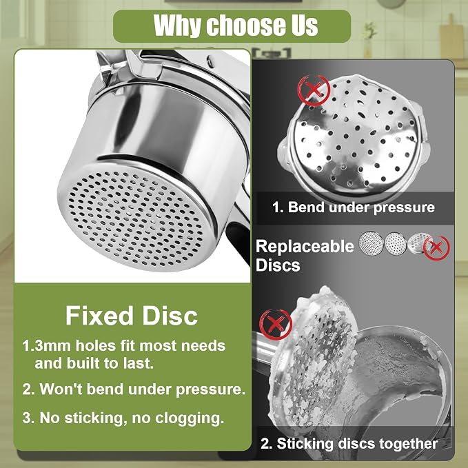 Large 15 oz Ricer for Mashed Potatoes, Stainless Steel Fixed Disc Potato Ricer for Mashed Potatoes, Easy to Clean and Dishwasher Safe, Suitable for Pumpkin, Sweet Potato, Baby Food