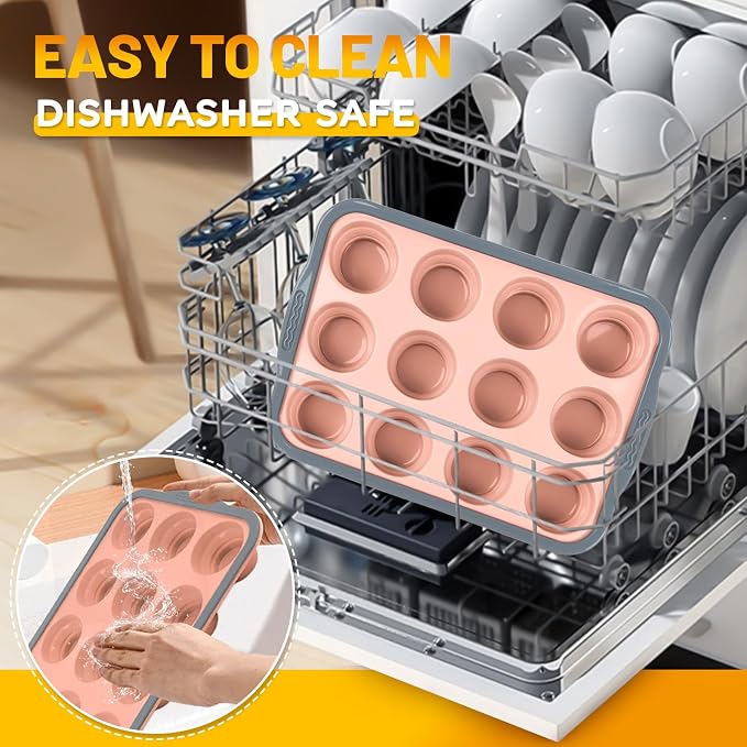Silicone Muffin Pan, 12 Cups Non-Stick Cupcake Pan, Food-Grade BPA-Free Muffin Tin, Oven-Safe 450 °F, Reinforced Steel Frame, Easy-Grab Handles, Quick-Release 2.3" Baking Molds for Mini Treats