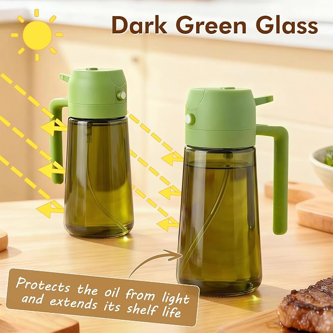 Poshetion 2 in 1 Olive Oil Sprayer for Cooking, 16oz Light-Proof Oil Dispenser for Kitchen, Leak-Proof Oil Spray Bottle for Air Fryer, Salad, BBQ, Baking, Grilling - Green & Green