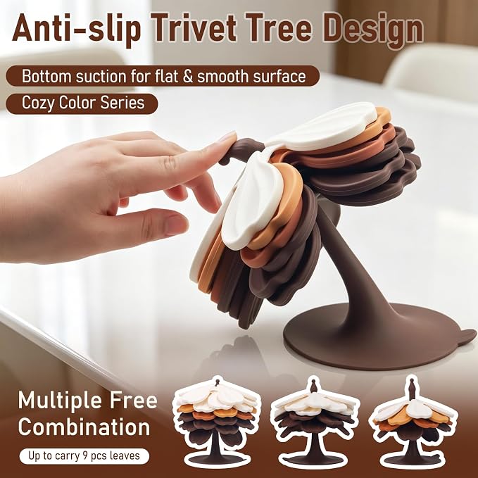 Silicone Trivet Tree Set Hot Pads, Vynusio Trivets for Hot Dishes 4 Pack +1 Stand, Collapsible Treetrivet Cup Pans Hot Pot Dish Holders for Kitchen Table Countertop Office Desk, Fall Color