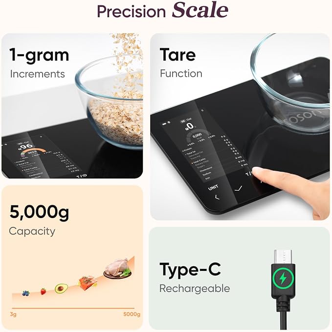Cosori Smart Food Scale with Nutritional Calculator, USB Rechargeable, 11lb | AI Food Scan, Barcode Scan, 50 Food Preload, Free APP with 19 Nutrients, Calorie & Macro Tracking for Weight Loss