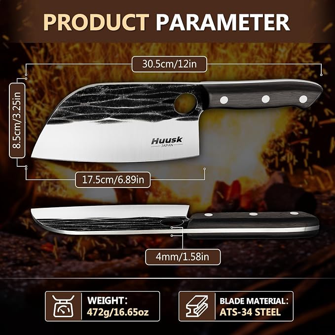 Huusk Serbian Chef Knife Hand Forged Meat Cleaver with Sheath High Carbon Steel Full Tang Knife Heavy Duty Butcher Knife for Kitchen or Camping Outdoor Christmas Gift for Men and Women