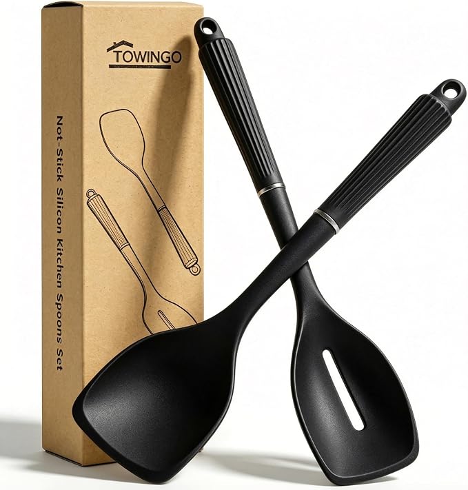 2 Pack Silicone Cooking Spoon Spatulas, 13Inch Non Stick Large Rubber Solid Slotted Spoon Set for Mixing, Draining, Scraping, Heat Resistant Kitchen Utensils, Black