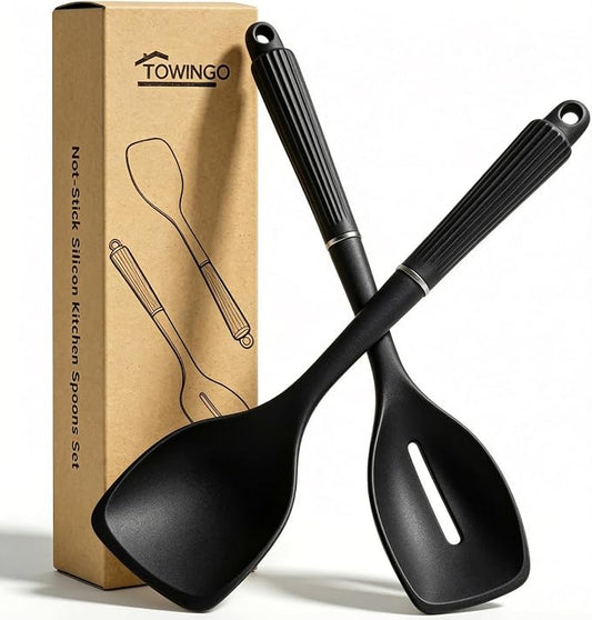 2 Pack Silicone Cooking Spoon Spatulas, 13Inch Non Stick Large Rubber Solid Slotted Spoon Set for Mixing, Draining, Scraping, Heat Resistant Kitchen Utensils, Black