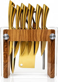 La Onirique 13-Piece Gold Kitchen Knife Set with Olive Wood Knife Block with Glass Panels, 5Cr15 Stainless Steel Chef Knife Set, Steak Knives, Cleaver, Bread Knife, Kitchen Scissors