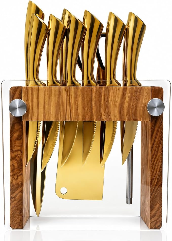 La Onirique 13-Piece Gold Kitchen Knife Set with Olive Wood Knife Block with Glass Panels, 5Cr15 Stainless Steel Chef Knife Set, Steak Knives, Cleaver, Bread Knife, Kitchen Scissors