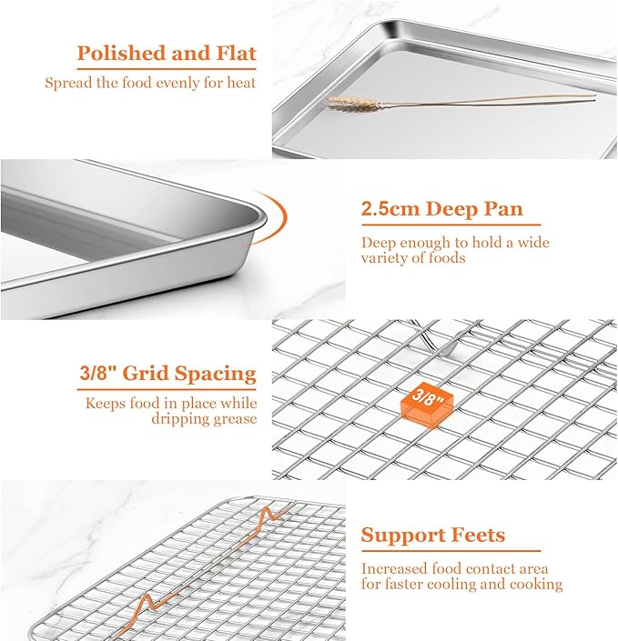 16"+12.5"+9" Baking Sheet with Wire Rack, Leonyo Stainless Steel Baking Sheet & Cooling Rack, Commercial Nonstick Cookie Tray Pan for Kitchen Cooking, Oven Roasting - 6 Pack