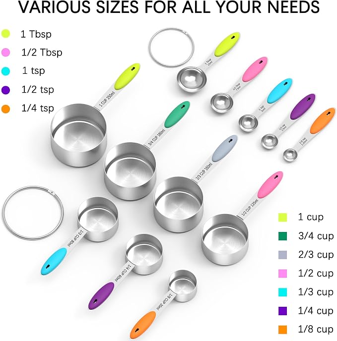 Nesting Measuring Cups and Spoons Set, Stainless Steel with Soft Silicone Handle – Heavy Duty & Dishwasher Safe for Measuring Dry/Liquid Ingredients, Ideal for Cooking & Baking (12)
