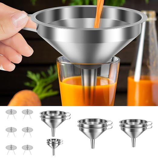 14 Pack Stainless Steel Funnels with 6 Fine Mesh Strainers, 4 Sizes 2.2-5.9 Inches Food Grade 304 Metal Kitchen Funnel Set for Filling Bottles, Oil, Jam, Juice, Wine, Milk, Powder, Canning