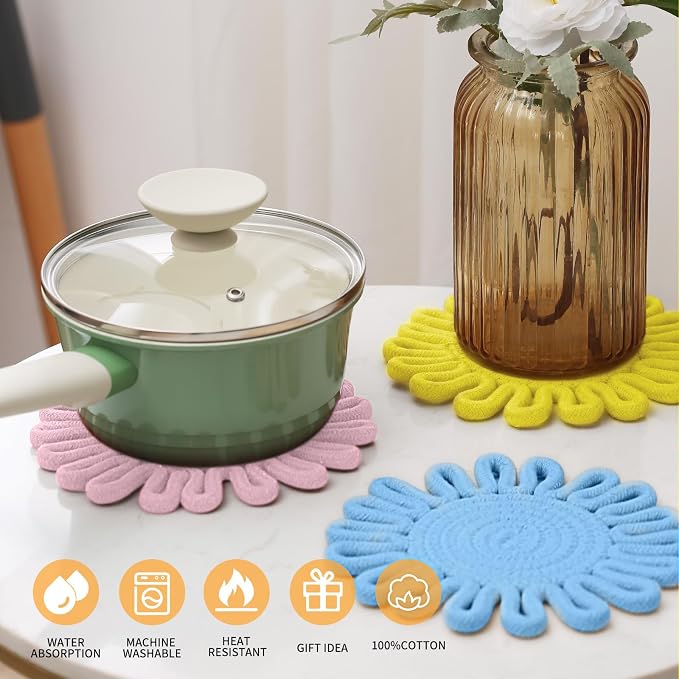 Trivet Mats Set for Hot Dishes, Trivet for Pots and Pans, Heat Resistant Hot Pads, Potholders for Kitchen, Colorful Boho Trivets, Table Decorations,Kitchen Essentials for New Home 7.5"(Blue)
