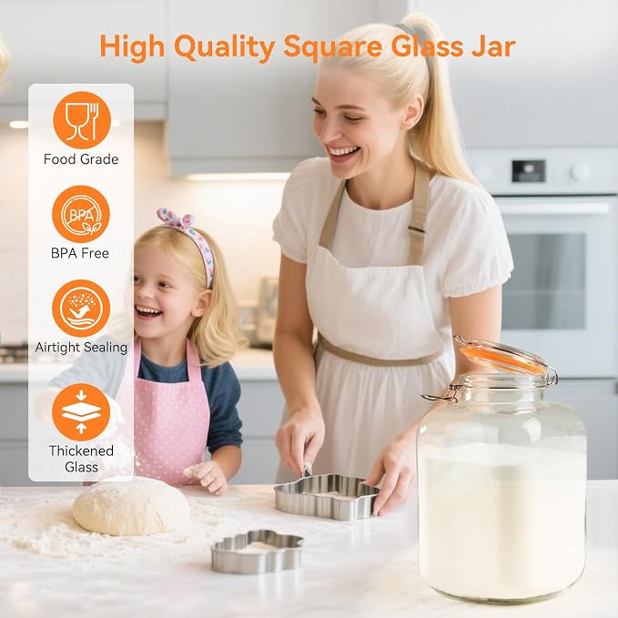 Glass Storage Jars with Airtight Lids - 2 Pack 135 Oz Food Containers Large Wide Mouth Kitchen Pantry Canisters Mason Jar for Flour Sugar Coffee Cookies Cereal Rice