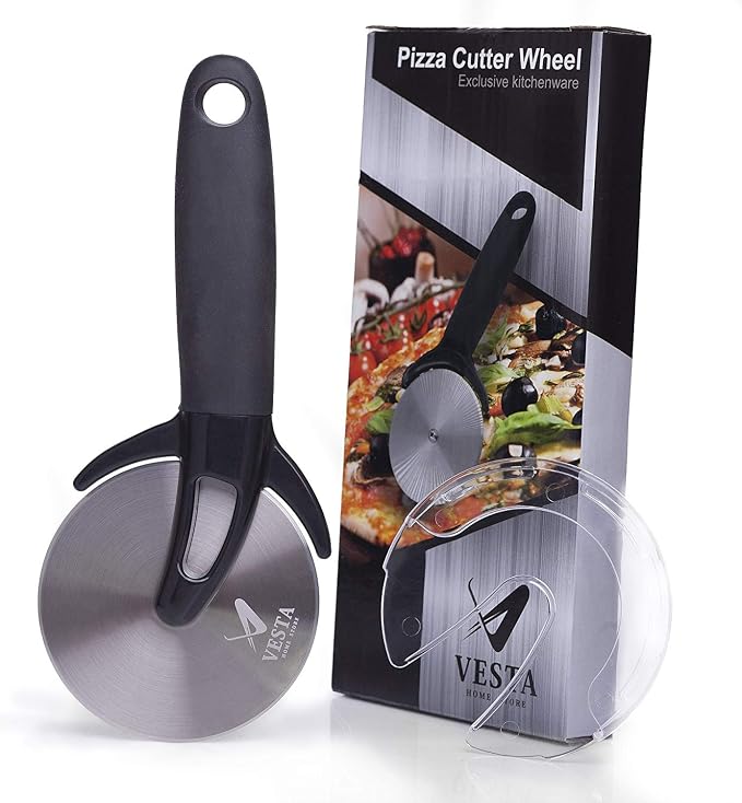 Premium Professional Pizza Cutter Wheel By VestaHomeStore - With Sharp Angled Stainless Steel Blade, Ergonomic Anti-Slip Handle & Durable Blade Cover - Ideal For Pizza, Pies, Waffles and Dough Cookies