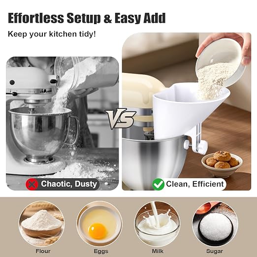Flour Funnel for Kitchen Aid Mixer,KitchenAid Accessories and Attachments for Multiple Stand Mixers 3.2Qt-7Qt,Wide Mouth Pouring Chute Durable Dishwasher Safe Baking Mothers Day Gift for Women