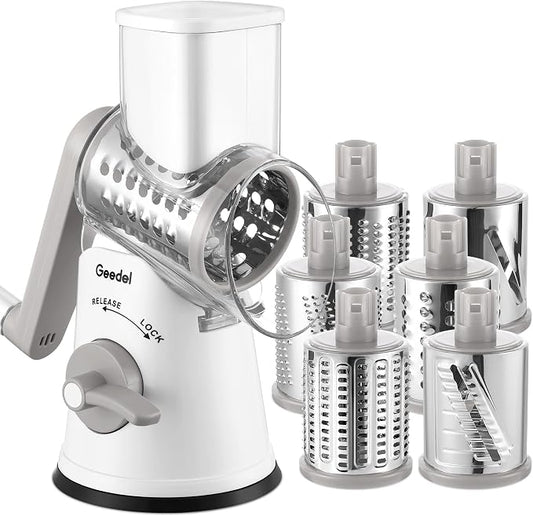 Geedel Rotary Cheese Grater Vegetable Shredder With 6 Interchangeable Blades No Slip Suction Base, Mandoline Slicer & Food Chopper for Cheese, Ice, Nuts, Vegetables, Veggie