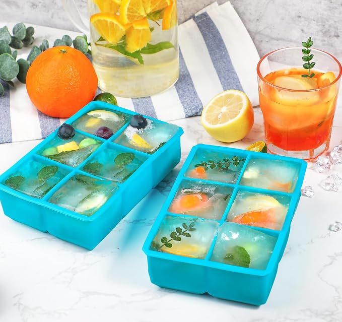 Webake 2 Inch Large Ice Cube Tray, Flexible Ice Mold Silicone Big Ice Cube Trays for Whiskey Cocktails and Treats, BPA Free Blue Square Silicone Mold Pack of 2
