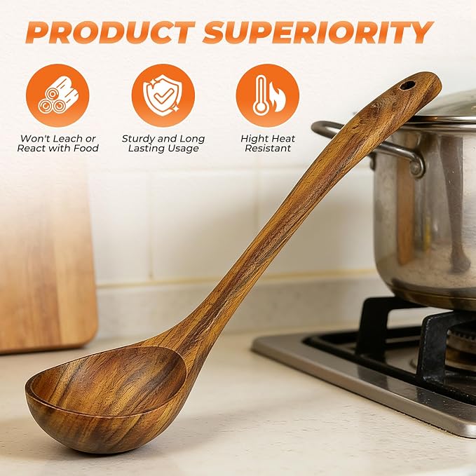 2Pcs Wooden Ladle and Spatula, Natural Acacia Long Handle, Large Capacity, Wooden Soup Spoon and Flat Frying Turner for Cooking, Fry, Stirring, Serving, Non-stick Kitchen Utensils Cookware