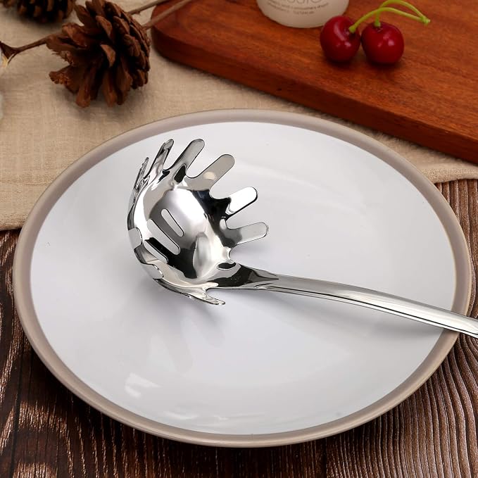 Kitchen 304 Stainless Steel Spaghetti Server – 12" Pasta Fork with Draining Holes & Anti-Slip Teeth – Rust-Resistant Noodle Ladle – Dishwasher Safe Kitchen Utensil for Everyday Use