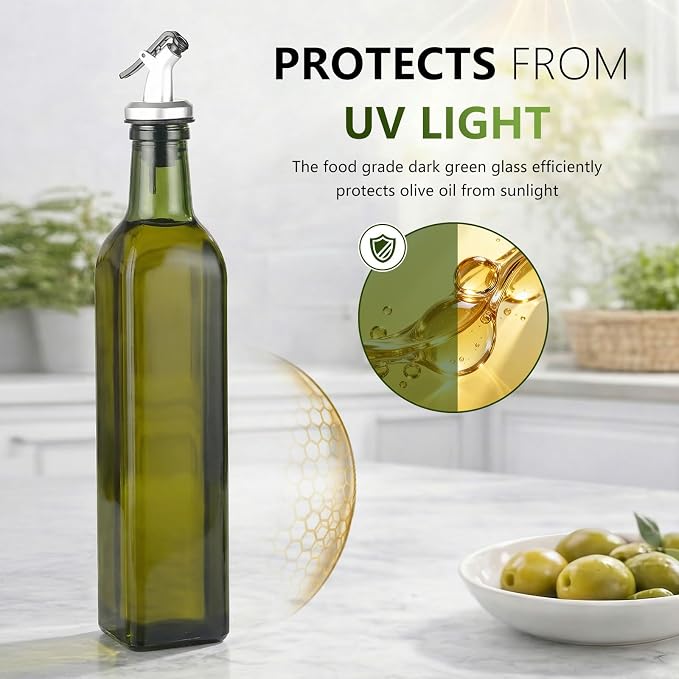 WERTIOO Green Oil Dispenser for Kitchen 4Pack, 17oz Olive Oil Dispenser Set | 500ml Oil and Vinegar Dispenser Set, Olive Oil Bottles for Kitchen, Glass Bottles for Vinegar, with Pourer, Funnel and Label