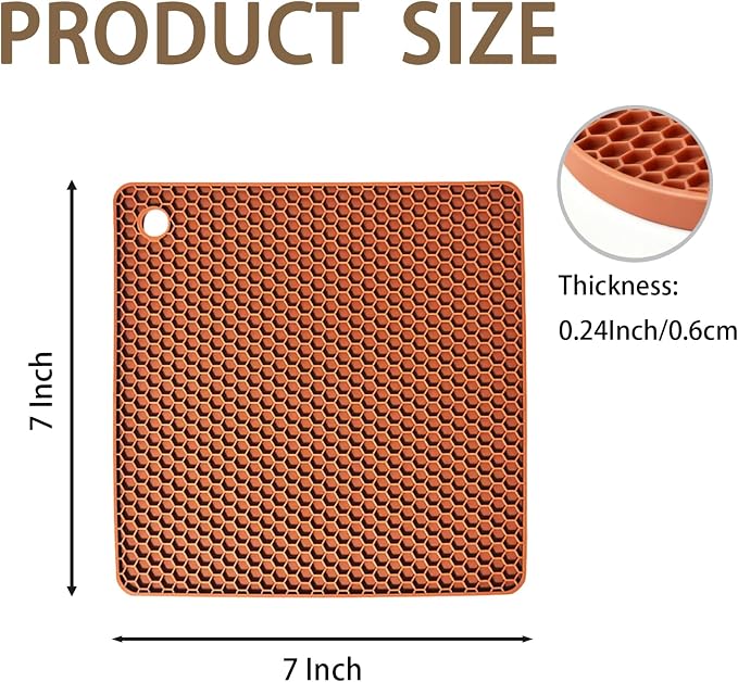 6-Pack Silicone Trivet Mats, Heat Resistant Hot Pads, Dishwasher Safe Kitchen Mats, BPA-Free Pot Holders for Table, Countertop, Stove, Honeycomb Design (Brown, 7" Square)