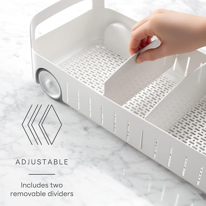 YouCopia RollOut Caddy Rolling Storage Bin with 2 Adjustable Dividers and Removable Basket for Kitchen and Bathroom Under Sink Organization, 8" Wide
