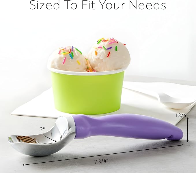 Restaurantware Comfy Grip 7.9 x 2 Inch Kitchen Ice Cream Scoop 1 Heavy-Duty Ice Cream Disher - Ergonomic PP Handle Dishwashable Purple Metal Ice Cream Spade With Lid Opener Notch Multi-Use