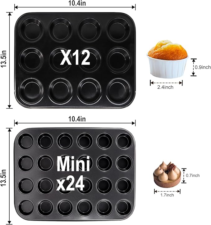 2 Pack Premium Nonstick Bakeware 12-Cup, Muffin Pan, Dishwasher Oven Safe (Black, Steel)