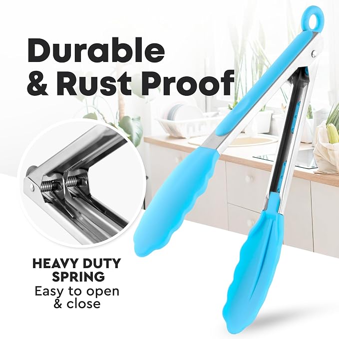 Zulay Stainless Steel Kitchen Tongs with Silicone Tips - Set of 2 (9” & 12”) Locking Cooking Tongs with Non-Slip Grip - Heat Resistant, BBQ Food Tongs for Non-Stick Cooking Pans (Silver/Light Blue)