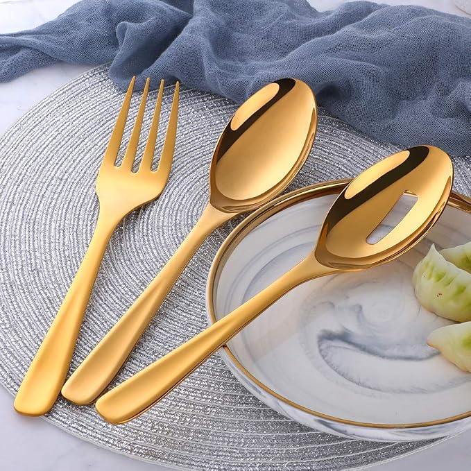 Long Handle Serving Set, 10 inch Stainless Steel Polished Server Spoon, Fork, Slotted Spoons, Set of 3 (Gold)