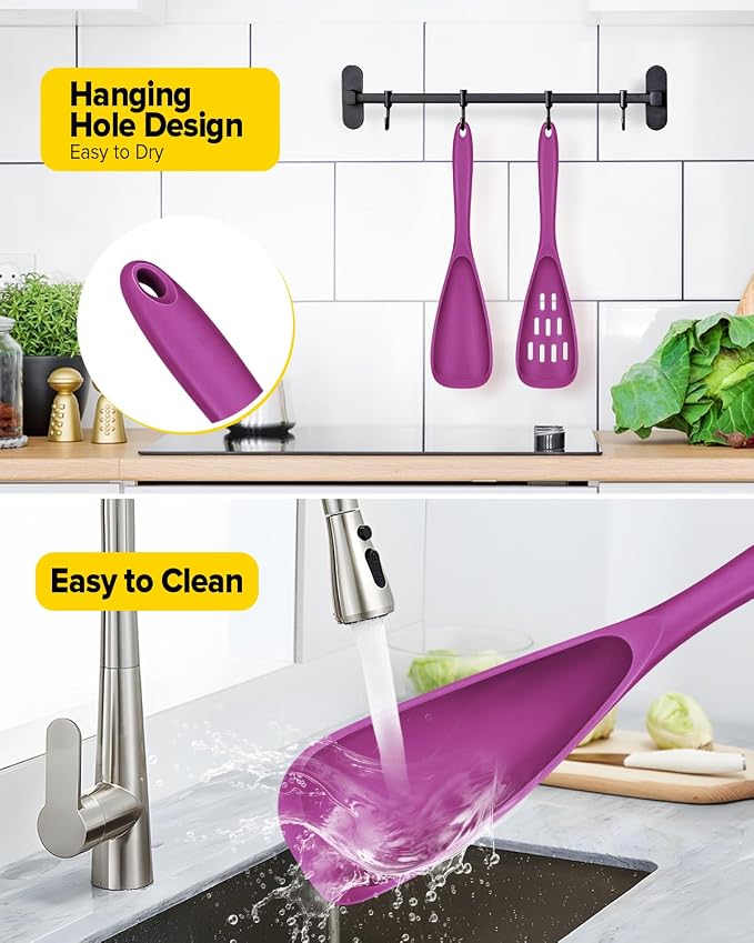 Pack of 2 Cooking Spoons for Non Stick Cookware, Multifunction Spatula Spoon BPA-Free, One-Piece Design, Suitable for Scooping, Scraping, Serving and Mixing (PURPLE)