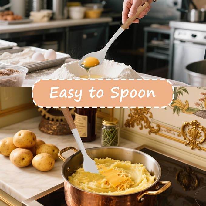 Silicone Spatula Set of 3 with Wood Handle, Multifunction Spoon for Nonstick Cookware, Heat Resistant Cooking Spoons and Scraper for Mixing, Scoop and Scrape (White)