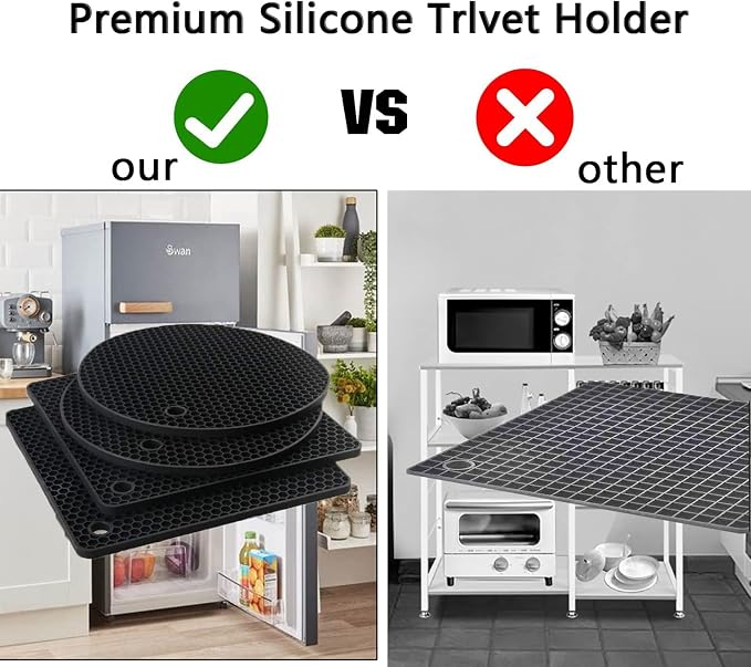 Silicone Trivet Pot Mat, Silicone Pot Holders for Hot Pan and Pot Pads. Heat Resistant Counter Mats for Tables Placemats,Countertops, Spoon Rest and Large Coasters,4 Pack Black(2 Squared + 2 Round)
