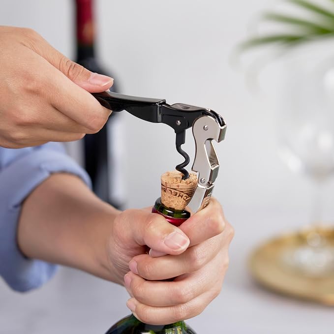 True Truetap Double Hinged Waiter's Corkscrew Wine Opener, Stainless Steel Wine Bottle Opener with Built In Foil Cutter, Home Bar Tools, Bar Cart Accessories, Wedding Gifts, Set of 1, Black