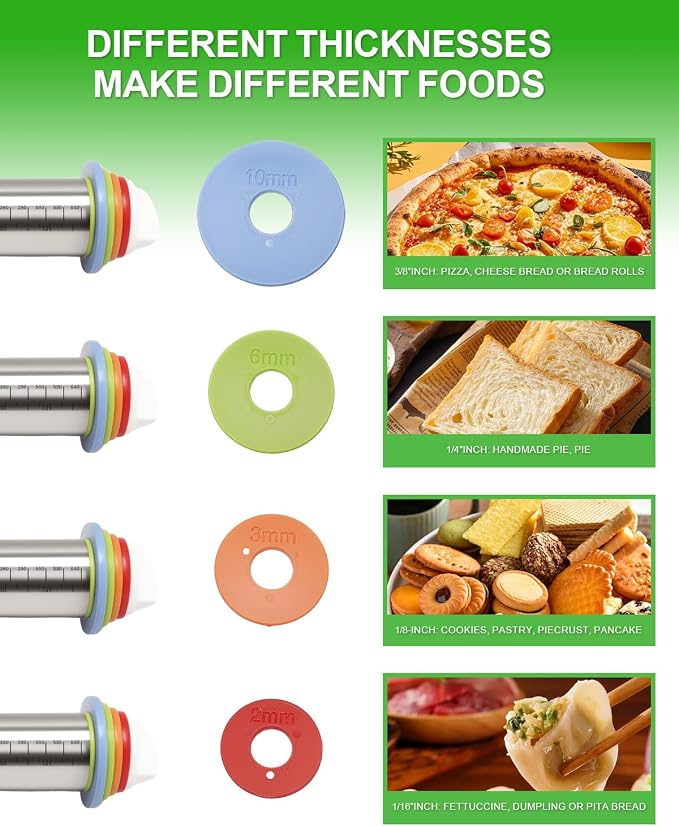 Adjustable Stainless Steel Rolling Pin with Thickness Rings for Baking, Dough Roller Pins for Cookie Decorating Baking Supplies with 1PCS Silicone Pastry Mat & 1PCS Rolling Pin Holder