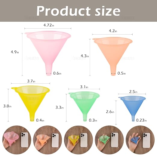AUEAR, Candy Colors Plastic Funnel Set for Quick and Clean Transferring Kitchen Liquid Spices Powder Cosmetic Lotion Essential Oils Food Grade 5 Different Sizes (5 Pcs)