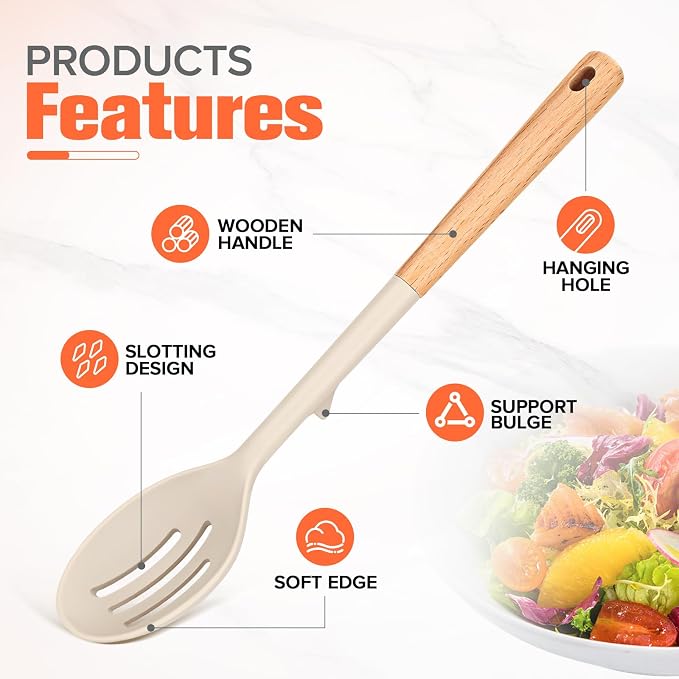 2 Pack Silicone Cooking Spoons, BPA Free, Wooden Handle Heat Resistant Solid & Slotted Spoons for Nonstick Cookware, Suitable for Scooping, Serving and Mixing (Khaki)