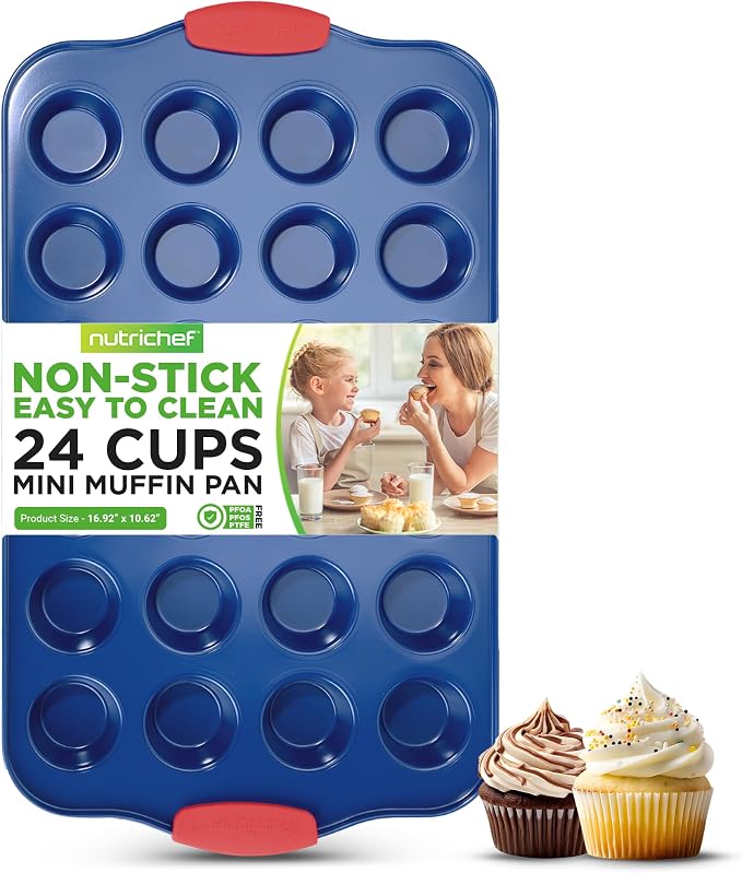 NutriChef 17” Nonstick Mini Muffin Pan - Premium Carbon Steel 24 Cup Baking Tray w/ Red Silicone Handles, Easy to Clean Mini Cupcake Bakewear - Dishwasher Safe, Blue