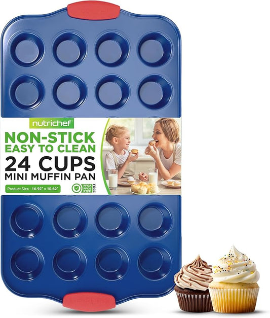 NutriChef 17” Nonstick Mini Muffin Pan - Premium Carbon Steel 24 Cup Baking Tray w/ Red Silicone Handles, Easy to Clean Mini Cupcake Bakewear - Dishwasher Safe, Blue