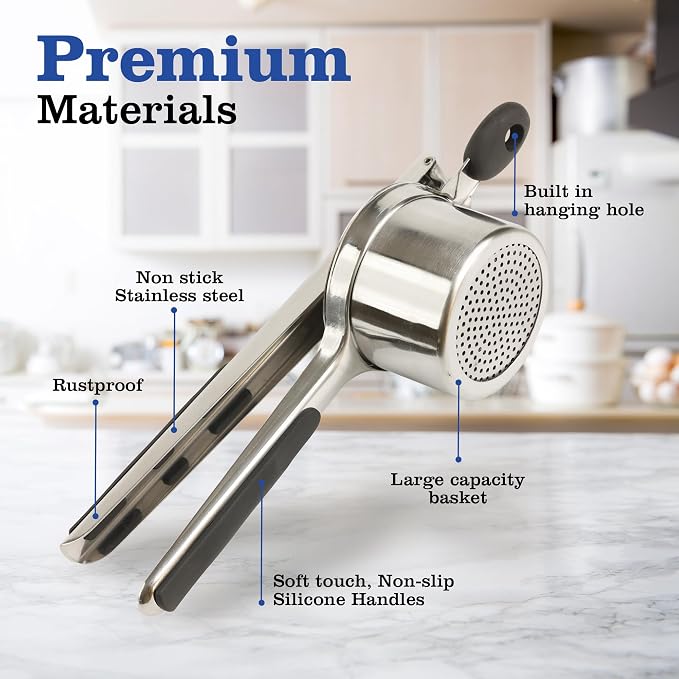 Mindful Design Large 15oz Potato Ricer, Heavy Duty Stainless Steel Potato Masher and Ricer Kitchen Tool, Press and Mash Kitchen Gadget For Perfect Mashed Potatoes Every time