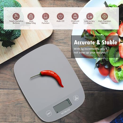 11lb Food Scale Kitchen Scales Digital Weight Grams & Ounces Grey | Ultra-Slim Size, 1g Precision, Max 11lbs, Smart Tare, Baking Cooking Weighing Scale, Portion Control, Hanging Storage
