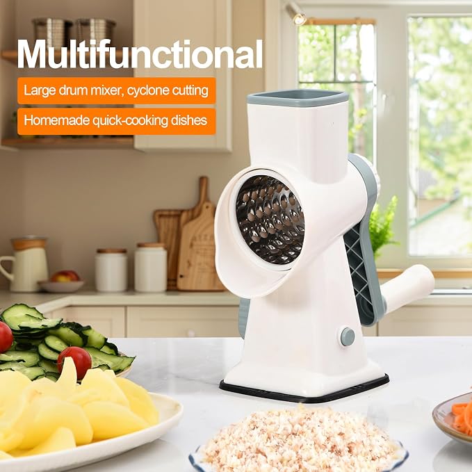 Rotary Cheese Grater Manual Hand Crank 3-in-1 Vegetable Shredder | Finger-safe design, stainless steel drums, suction base. Perfect for cheese, vegetables, nuts & chocolate. Easy to clean