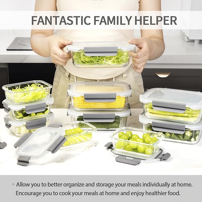 AILTEC Glass Food Storage Containers with Lids, 10 Pack Meal Prep Set | 12.5oz/35.5oz Rectangle Set, Borosilicate Glass, Leak Proof, Oven, Microwave & Freezer Dishwasher Safe, BPA Free