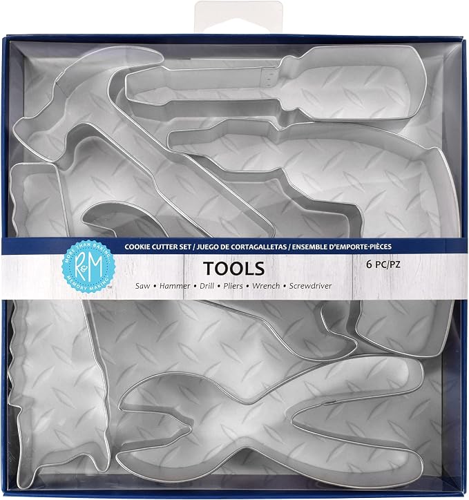 R&M Construction Tool Cookie Cutter Set, 6 Pieces Includes Hammer, Wrench, Screwdriver, Drill, Saw, Plyer Cookie Cutters, Silver